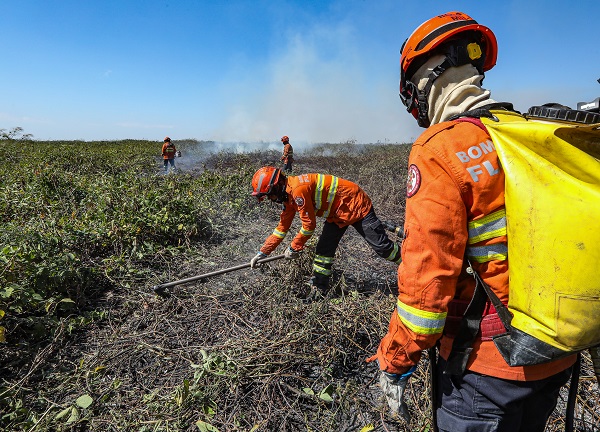 Em Cceres, Corpo de Bombeiros segue combatendo incndio no Pantanal nesta quarta-feira (17)