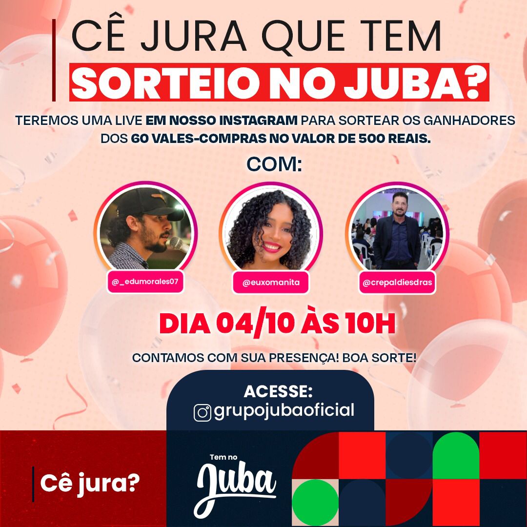 Juba Supermercado realiza nesta quarta-feira (04) live para sorteio de 60 vales-compra de 500 reais